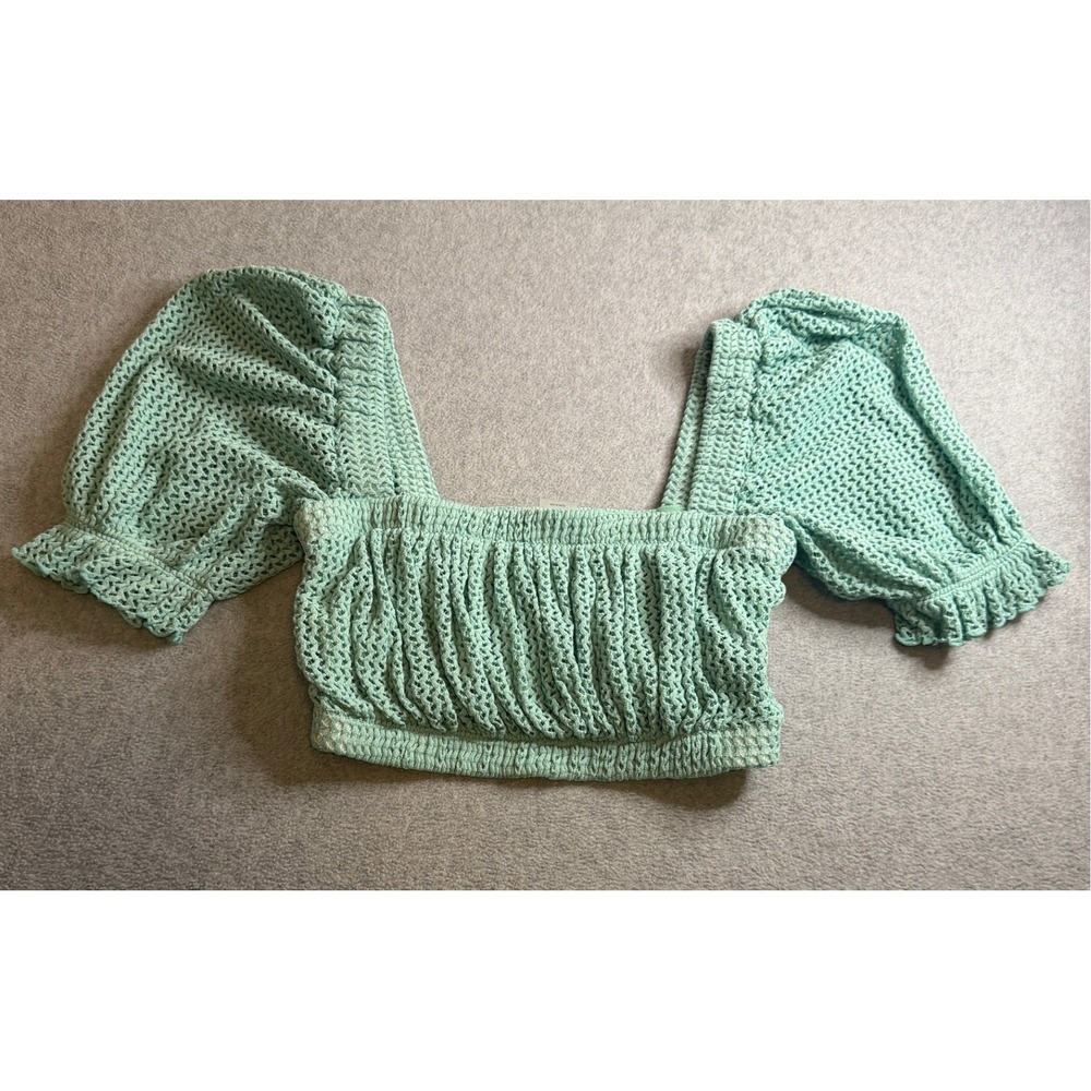 Montce Swim Mint Green Smocked Crochet Puff Sleeve Bikini Top Small S